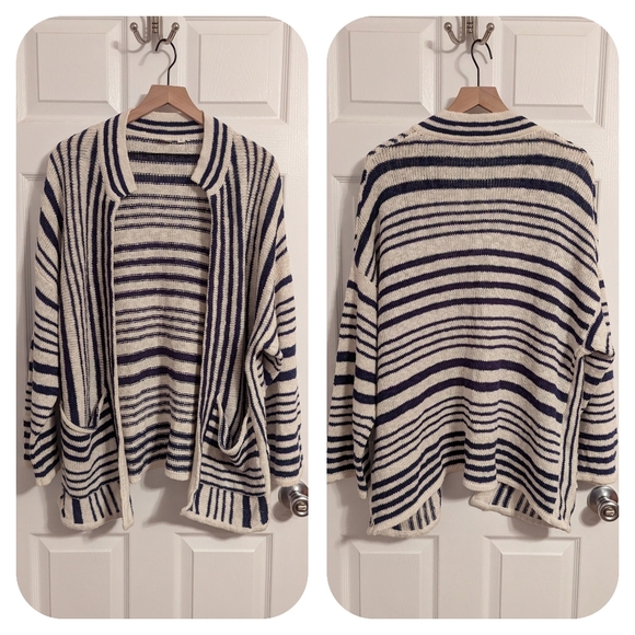 Gap Striped Knit Open Front Oversized Cardigan Navy Blue Cream - Picture 1 of 8